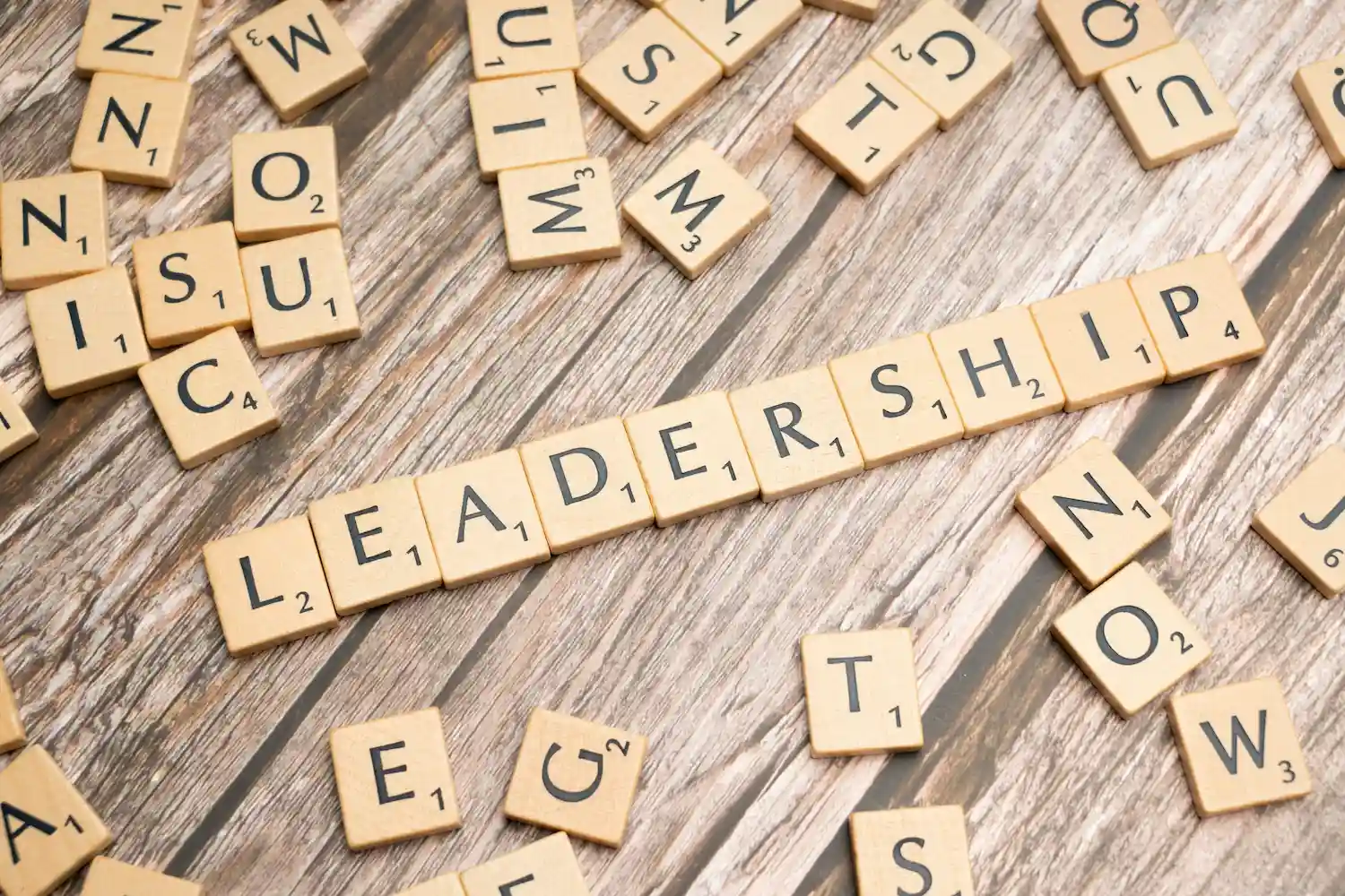 Wooden letter tiles spelling leadership
